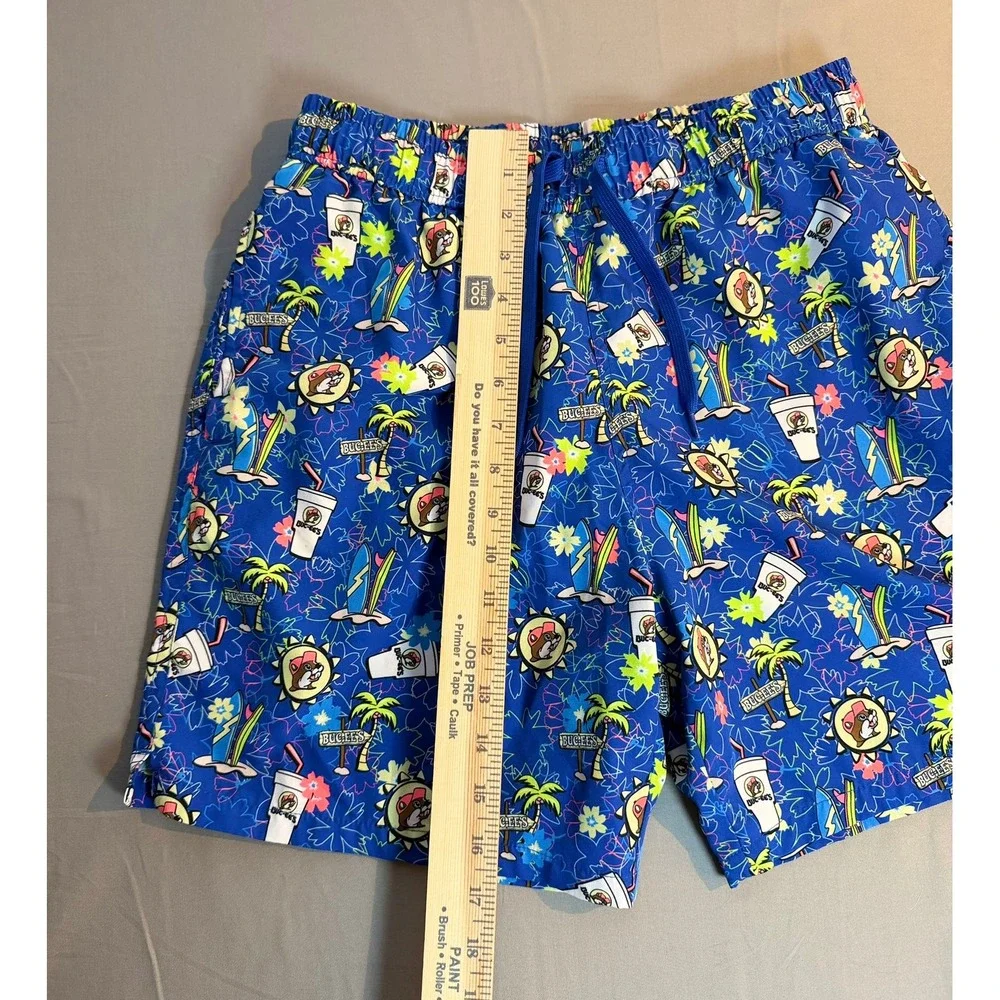 Buc-ee's Mens Swim Trunks Blue Tropical Beaver Print Mesh Lined Shorts Small